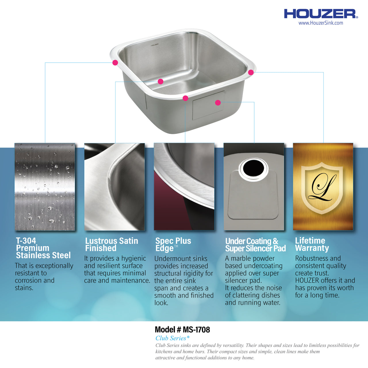 Houzer Club 17 inch Stainless Steel Square Undermount Single Bowl 8" Deep Bar Sink with Strainer