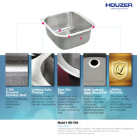 Thumbnail for Houzer Club 17 inch Stainless Steel Square Undermount Single Bowl 8