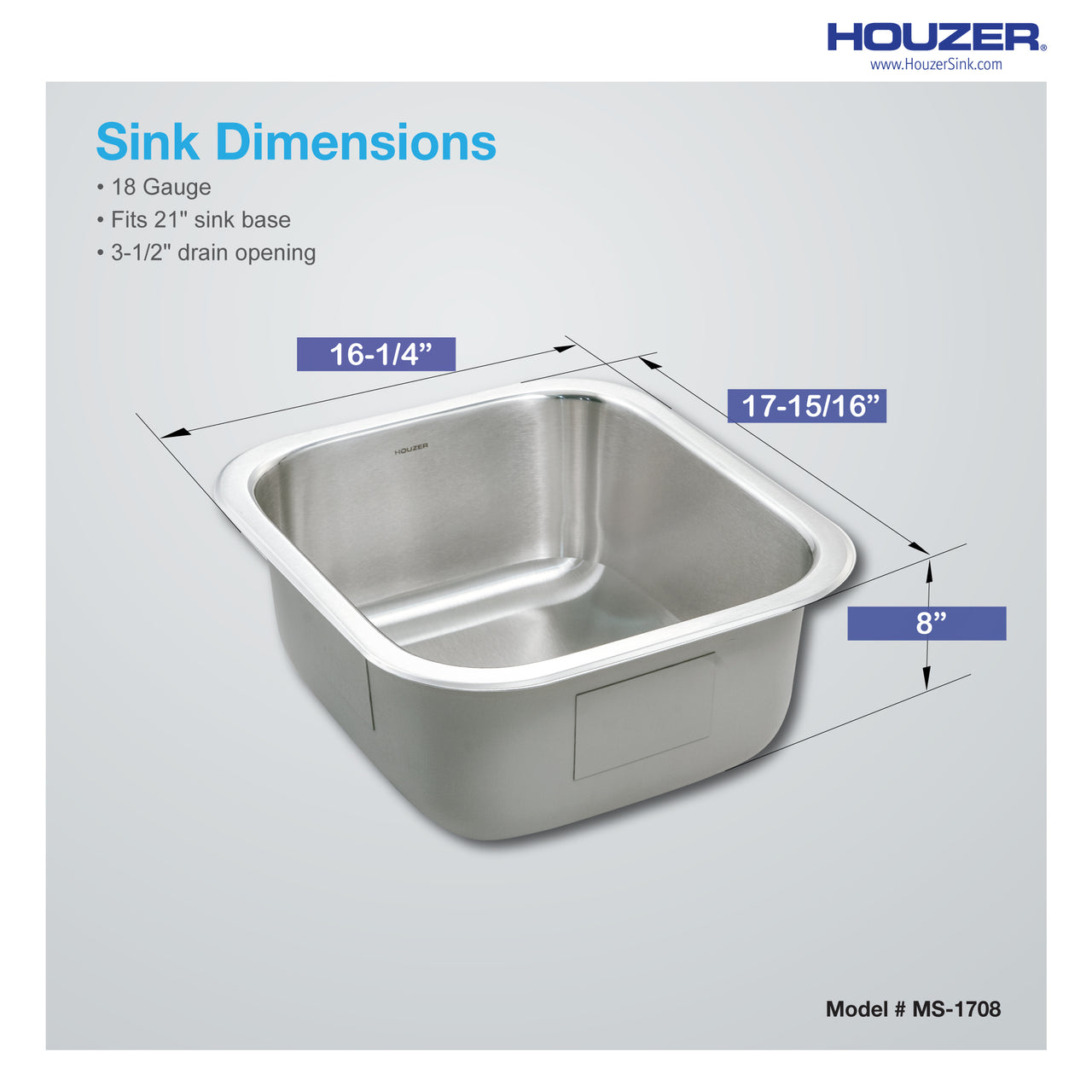 Houzer Club 17 inch Stainless Steel Square Undermount Single Bowl 8" Deep Bar Sink with Strainer