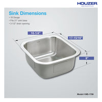Thumbnail for Houzer Club 17 inch Stainless Steel Square Undermount Single Bowl 8