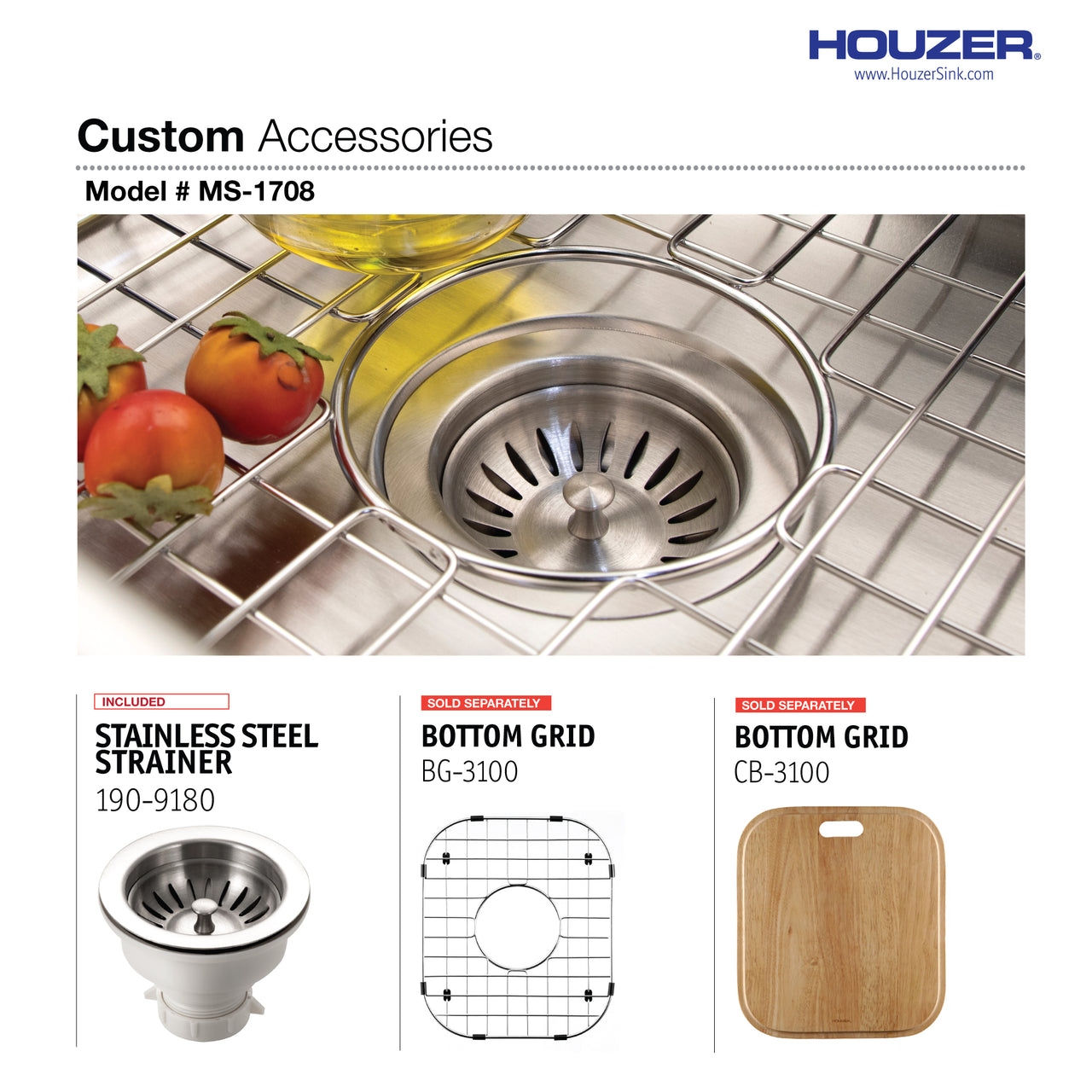 Houzer Club 17 inch Stainless Steel Square Undermount Single Bowl 8" Deep Bar Sink with Strainer