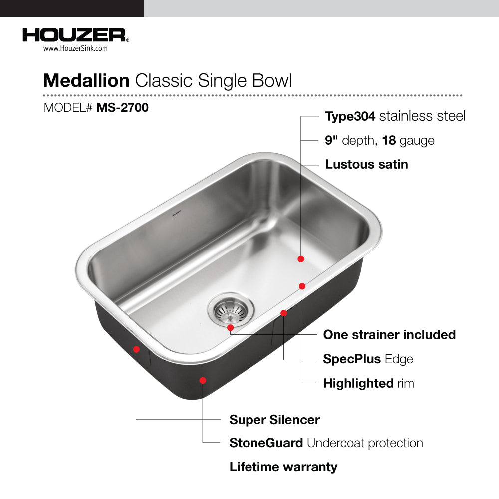 Houzer Medallion Designer Series Stainless Steel Undermount Single D-Bowl Kitchen Sink – Nested 20-Pack
