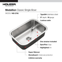 Thumbnail for Houzer Medallion Designer 27 inch Stainless Steel Undermount Single D Bowl Kitchen Sink with Strainer