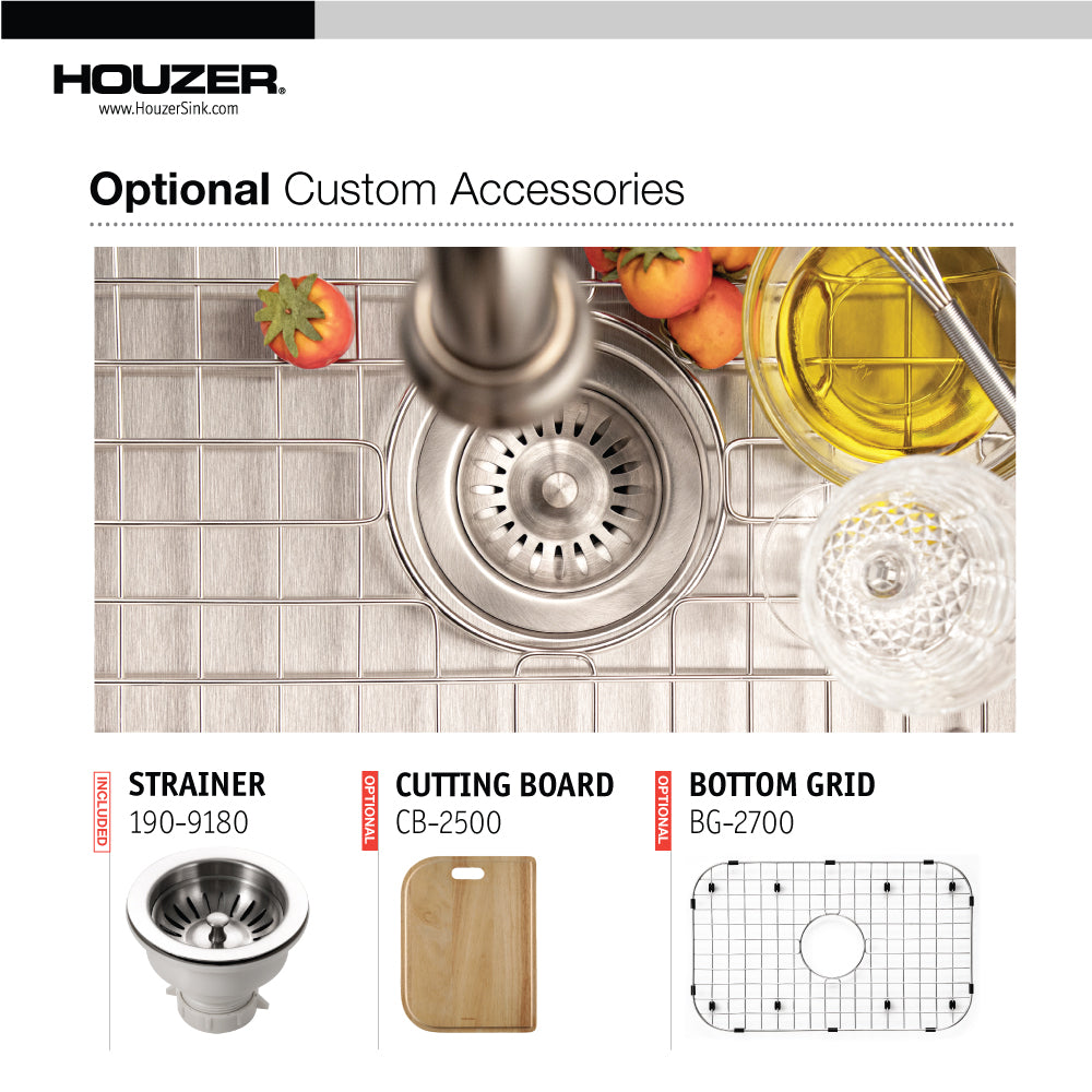 Houzer Medallion Designer 27 inch Stainless Steel Undermount Single D Bowl Kitchen Sink with Strainer