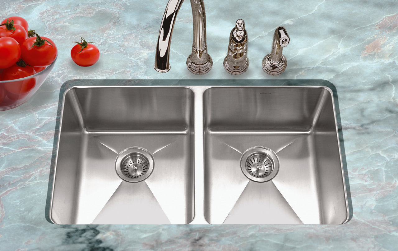 Houzer Nouvelle 31 inch Stainless Steel Undermount 50/50 Double Bowl Kitchen Sink with Strainer & Grid