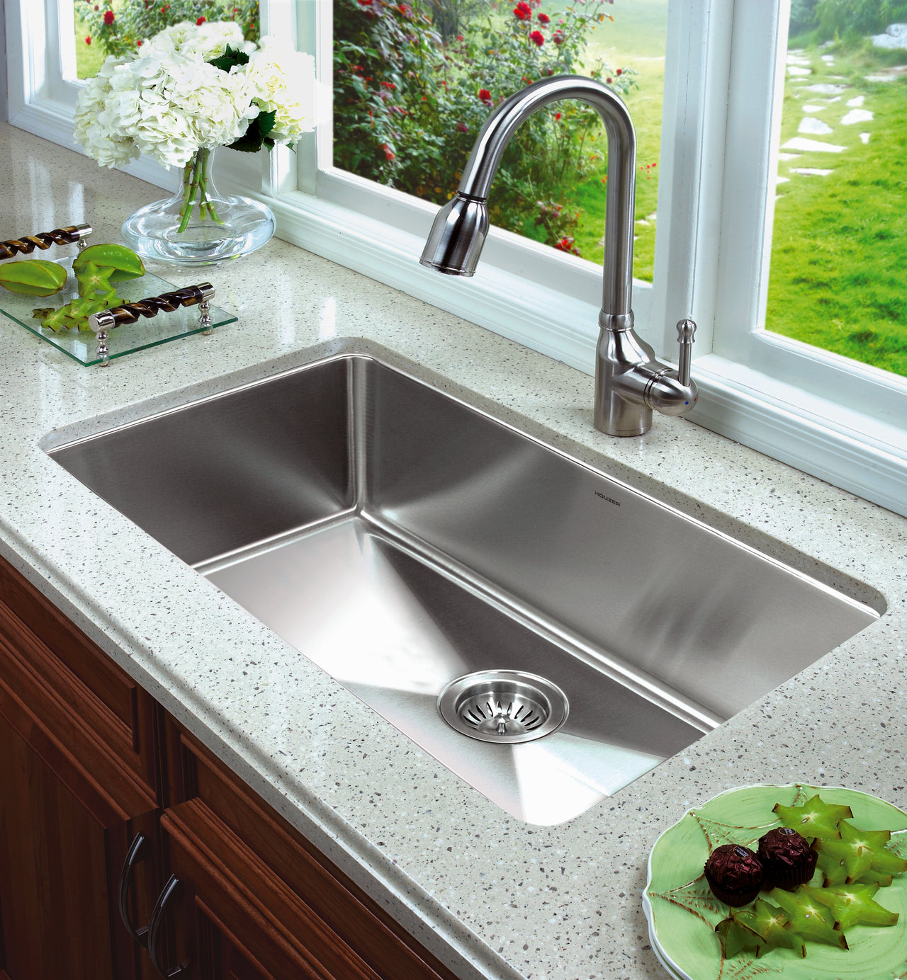 Houzer Nouvelle 31 inch Stainless Steel Undermount Single Bowl Kitchen Sink with Strainer & Grid