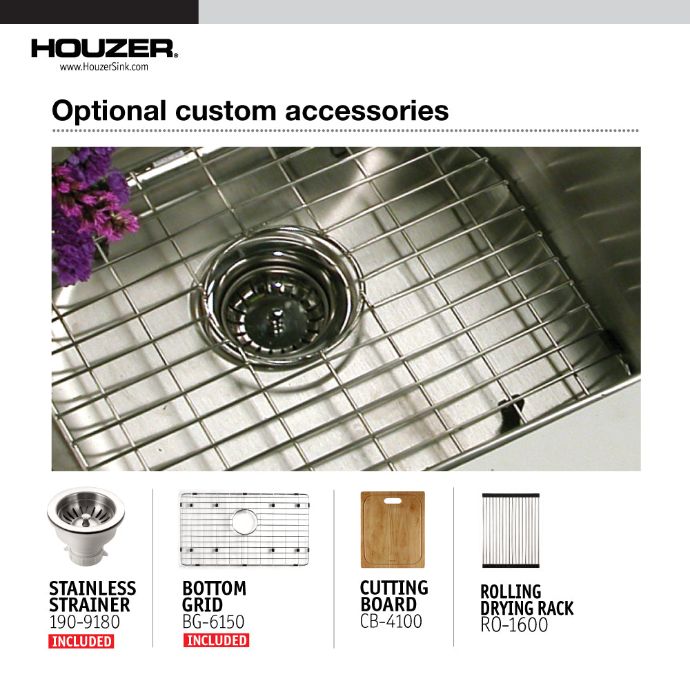 Houzer Nouvelle 31 inch Stainless Steel Undermount Single Bowl Kitchen Sink, Nested 20-Pack