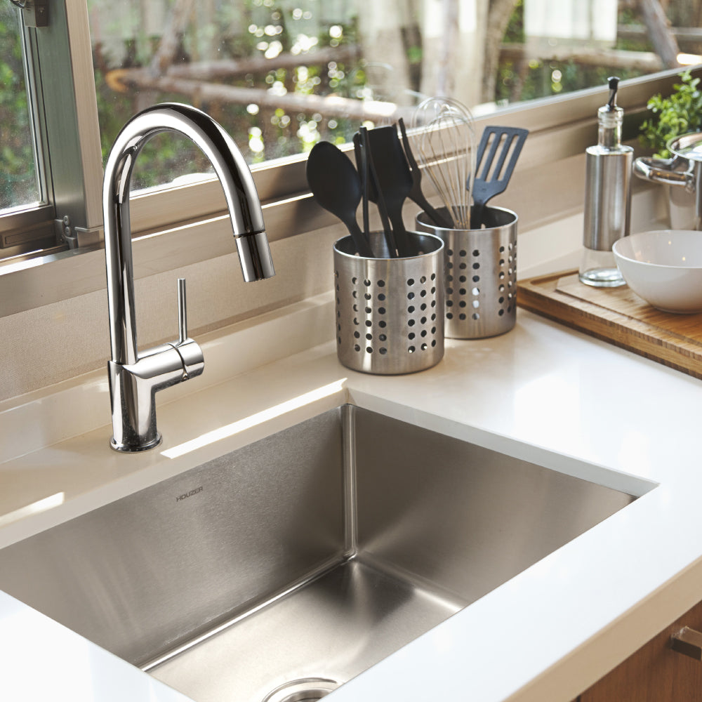 Houzer Nouvelle 23 inch Stainless Steel Undermount Single Bowl Kitchen Sink with Strainer & Grid