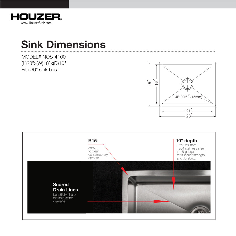 Houzer Nouvelle 23 inch Stainless Steel Undermount Single Bowl Kitchen Sink with Strainer & Grid