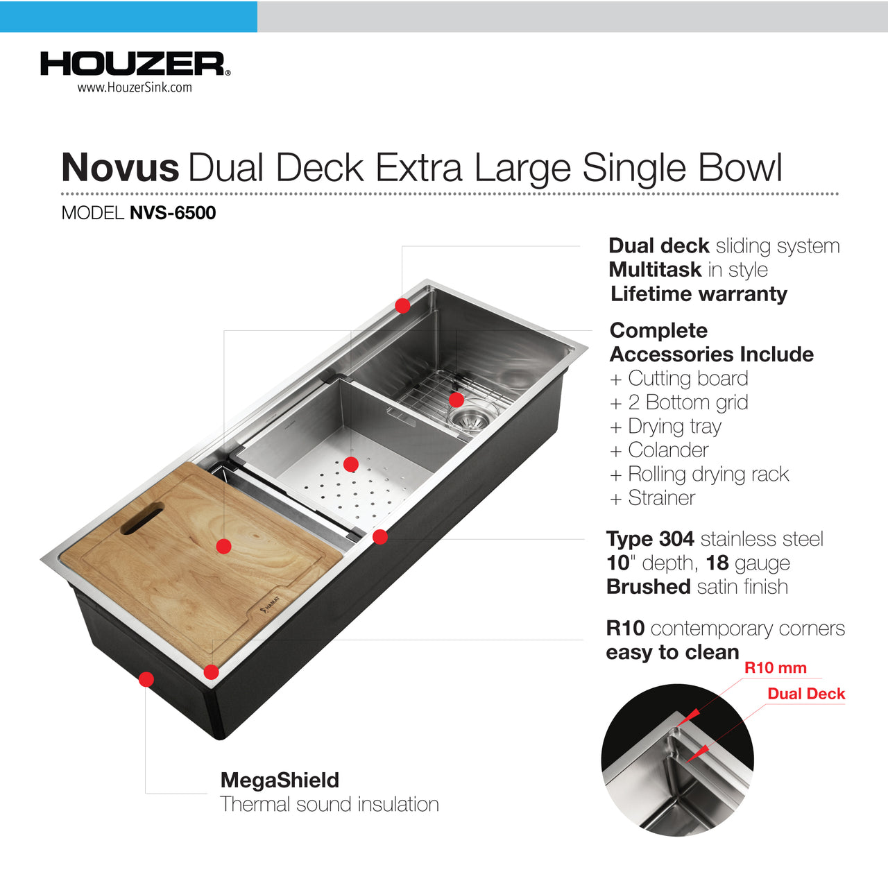 Houzer Novus 18 Gauge Stainless Steel Undermount Dual Platform Workstation Single Bowl Kitchen Sink with Accessories