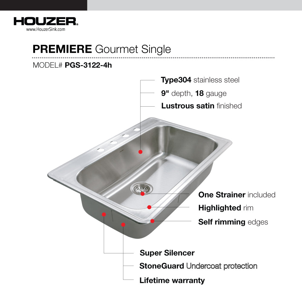 Houzer Premier 33 inch Stainless Steel Drop-in Topmount Single Bowl Kitchen Sink with Strainer & Grid