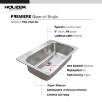 Thumbnail for Houzer Premier 33 inch Stainless Steel Drop-in Topmount Single Bowl Kitchen Sink with Strainer & Grid