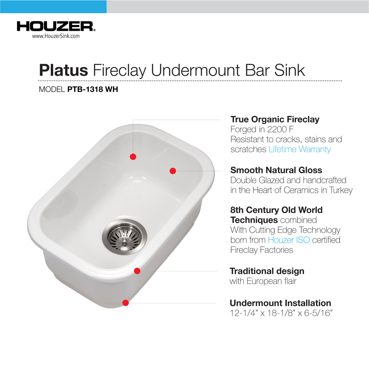 Houzer Platus 13 inch White Fireclay Undermount Single Bowl Bar Sink