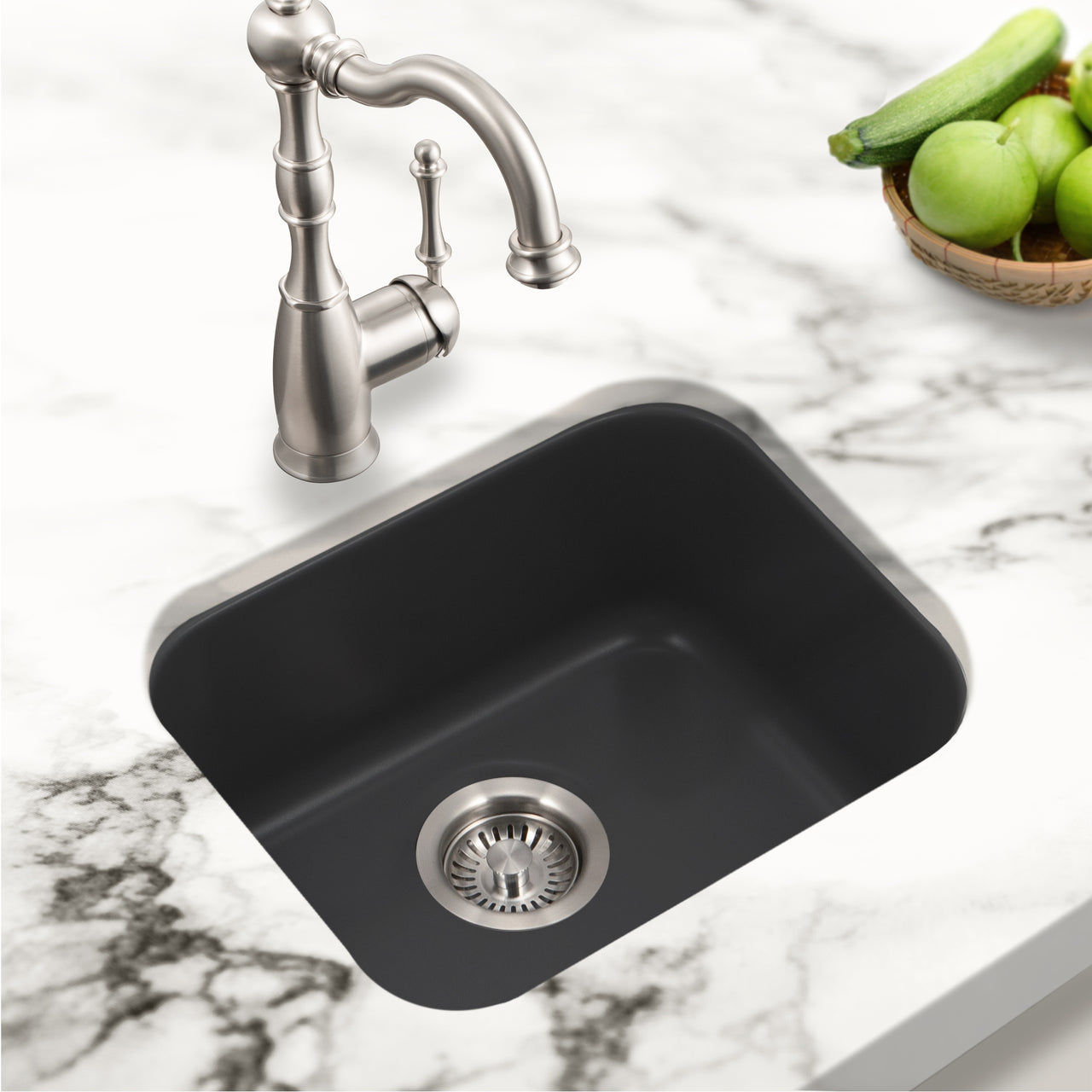 Houzer Platus 18 inch Fireclay Undermount Single Bowl Bar Sink with Strainer