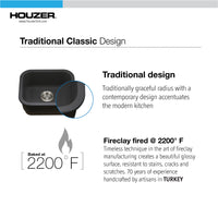 Thumbnail for Houzer Platus 18 inch Fireclay Undermount Single Bowl Bar Sink with Strainer