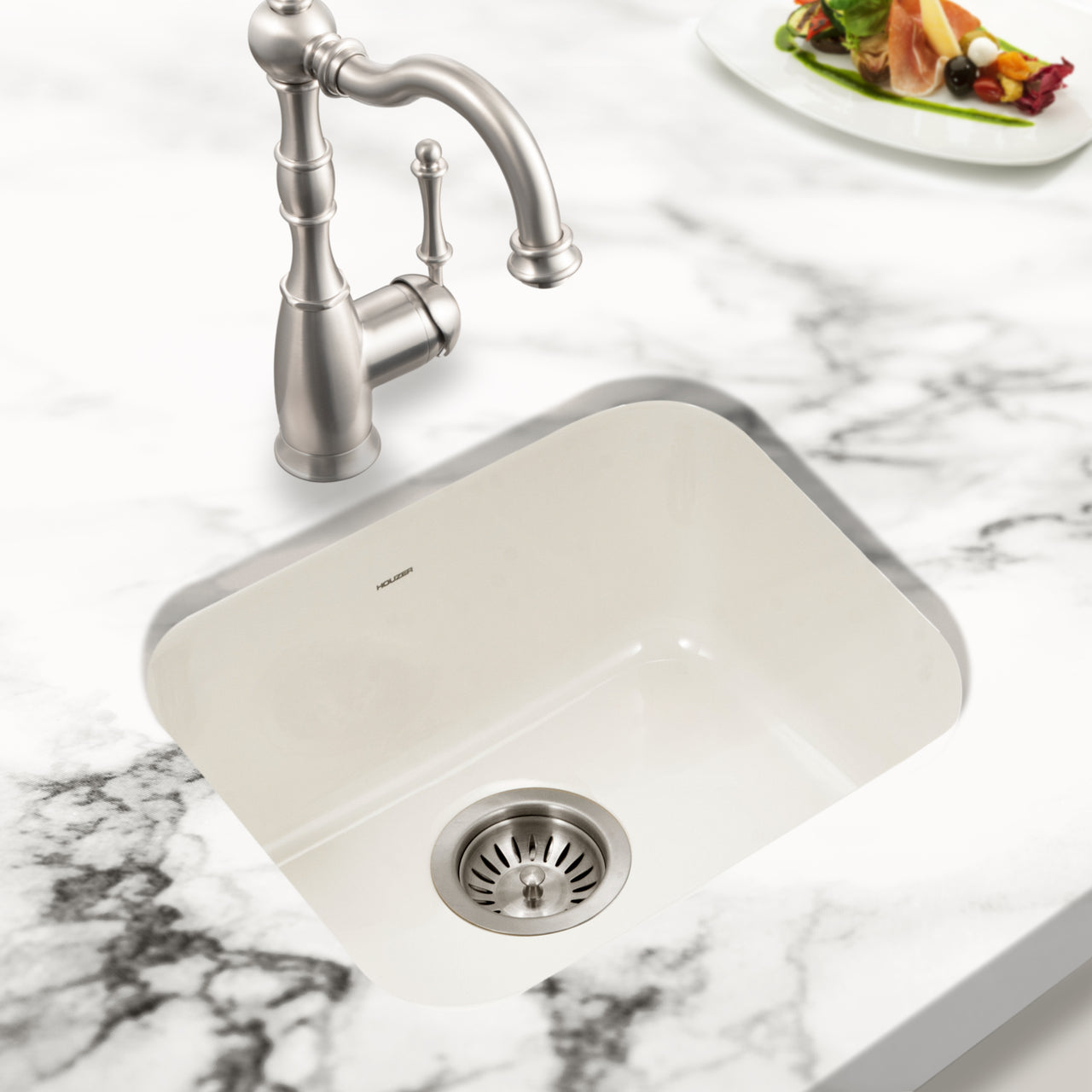 Houzer Platus 18 inch Fireclay Undermount Single Bowl Bar Sink with Strainer