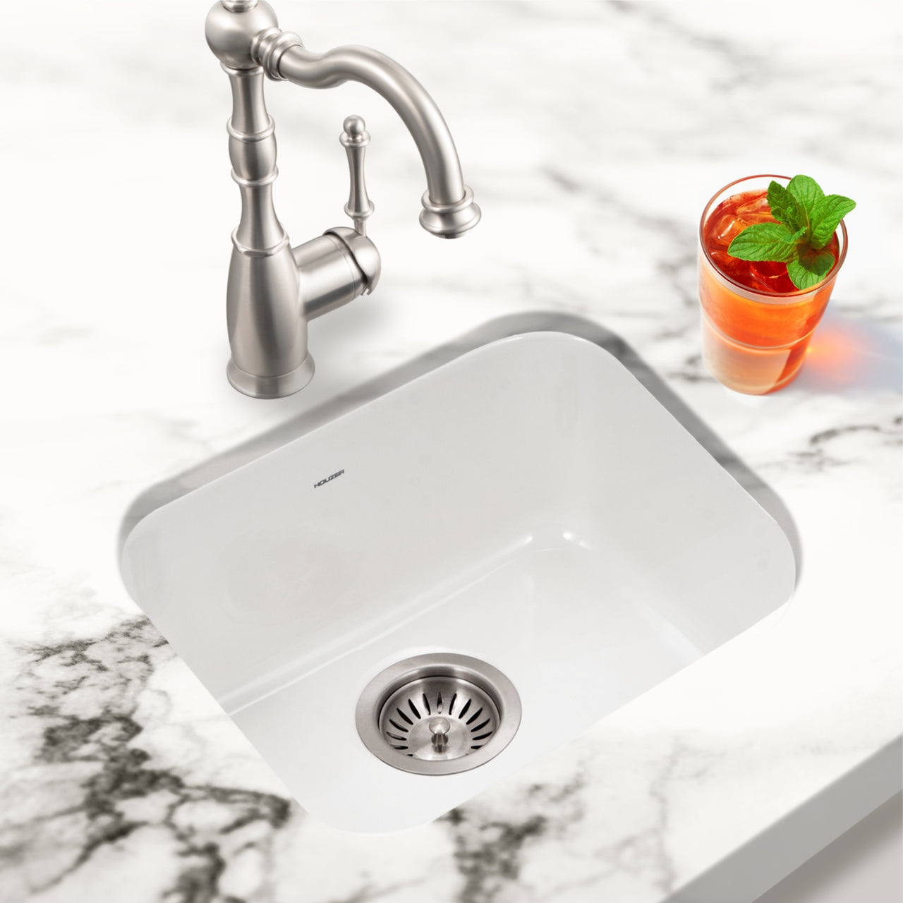 Houzer Platus 18 inch Fireclay Undermount Single Bowl Bar Sink with Strainer