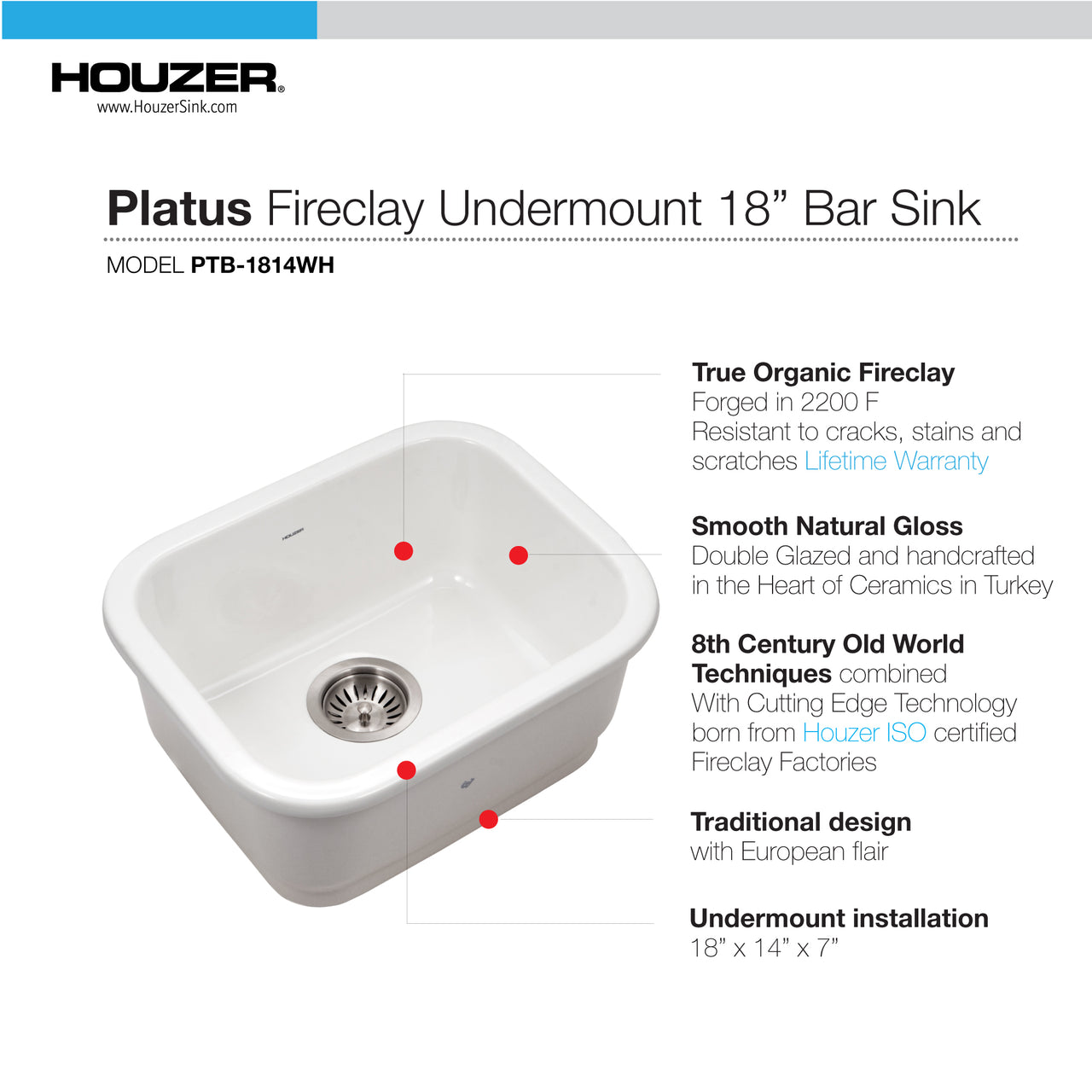 Houzer Platus 18 inch Fireclay Undermount Single Bowl Bar Sink