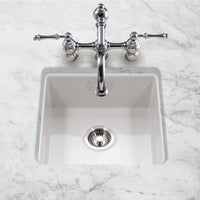 Thumbnail for Houzer Platus 20 inch White Fireclay Undermount Square Single Bowl Bar Sink with Basket Strainer and Basin Grid Included