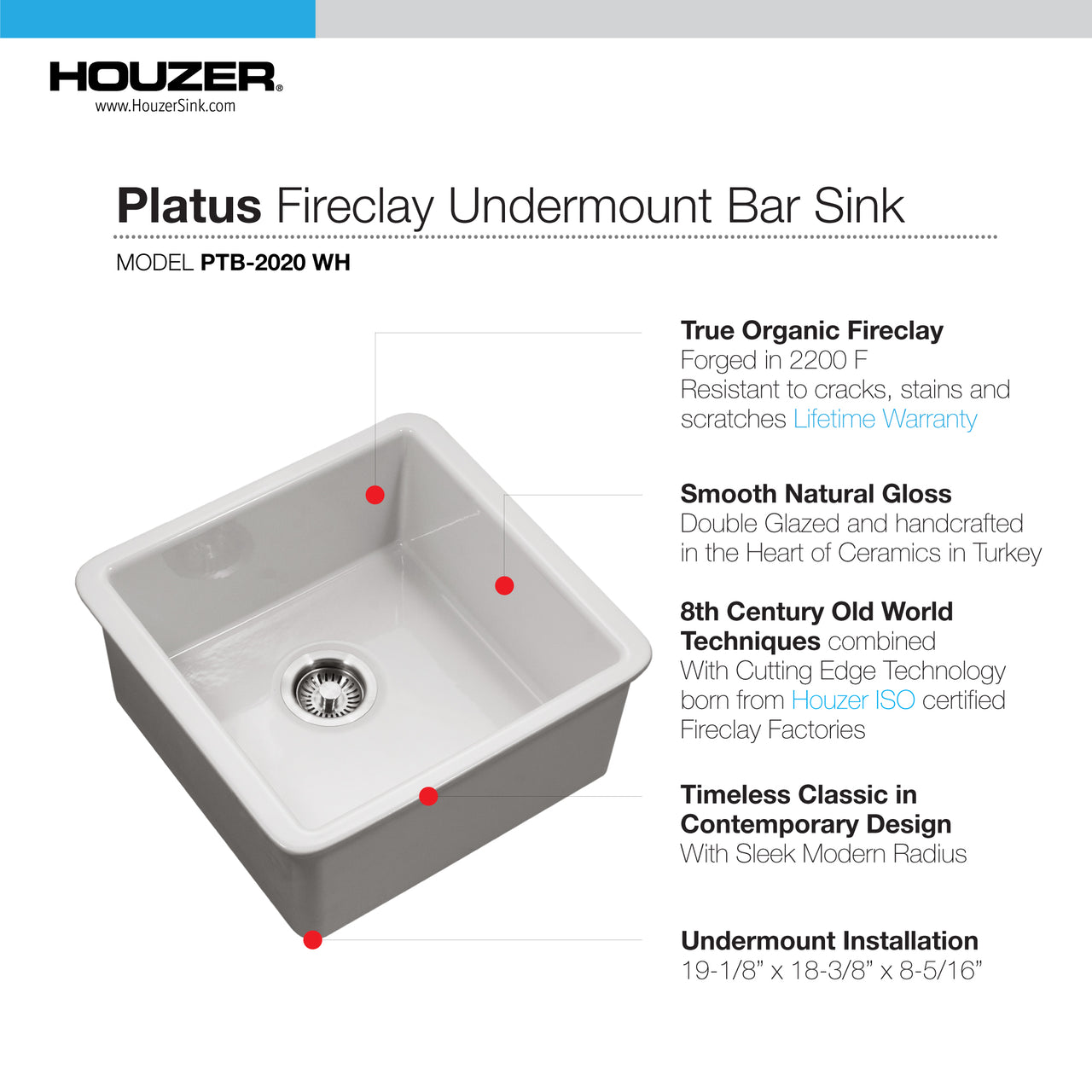 Houzer Platus White Fireclay Square Undermount Single Bowl Bar Sink