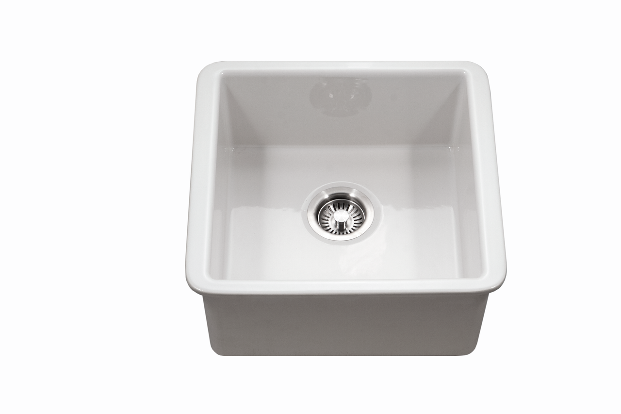 Houzer Platus White Fireclay Square Undermount Single Bowl Bar Sink