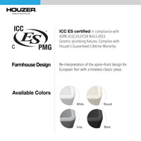 Thumbnail for Houzer Platus 33 inch White Fireclay Apron Front Farmhouse 60/40 Double Bowl Kitchen Sink with Basket Strainer and Basin Grids Included