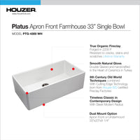 Thumbnail for Houzer Platus 33 inch White Fireclay Apron Front Farmhouse Kitchen Sink with Strainer & Grid