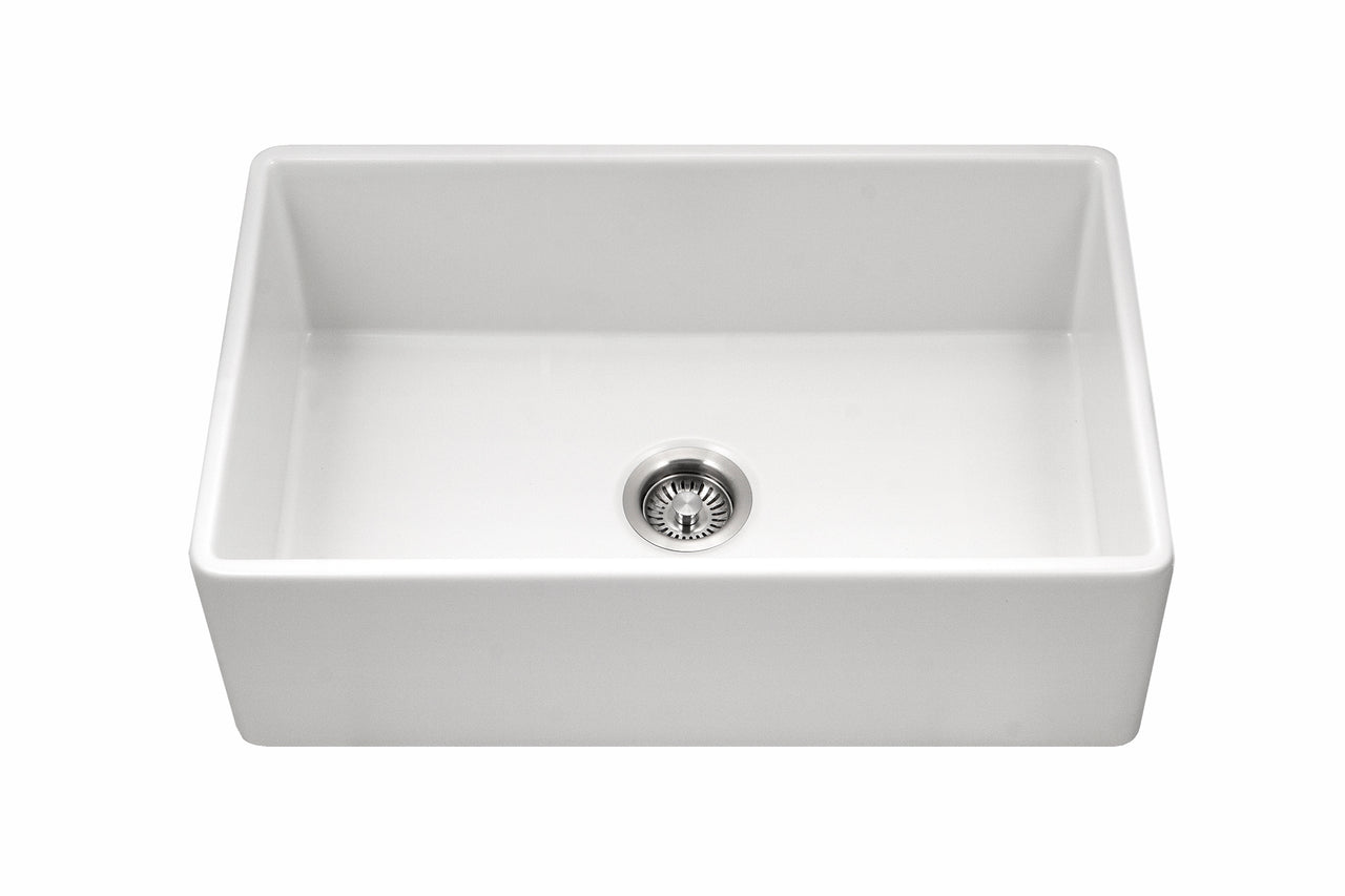 Houzer Platus White Fireclay Apron Front Farmhouse Single Bowl Kitchen Sink with Basket Strainer and Basin Grid Included