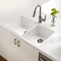 Thumbnail for Houzer Platus 32 inch White Fireclay Undermount 50/50 Double Bowl Kitchen Sink with Strainer & Grids