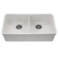 Thumbnail for Houzer Platus 32 inch White Fireclay Undermount 50/50 Double Bowl Kitchen Sink with Strainer & Grids