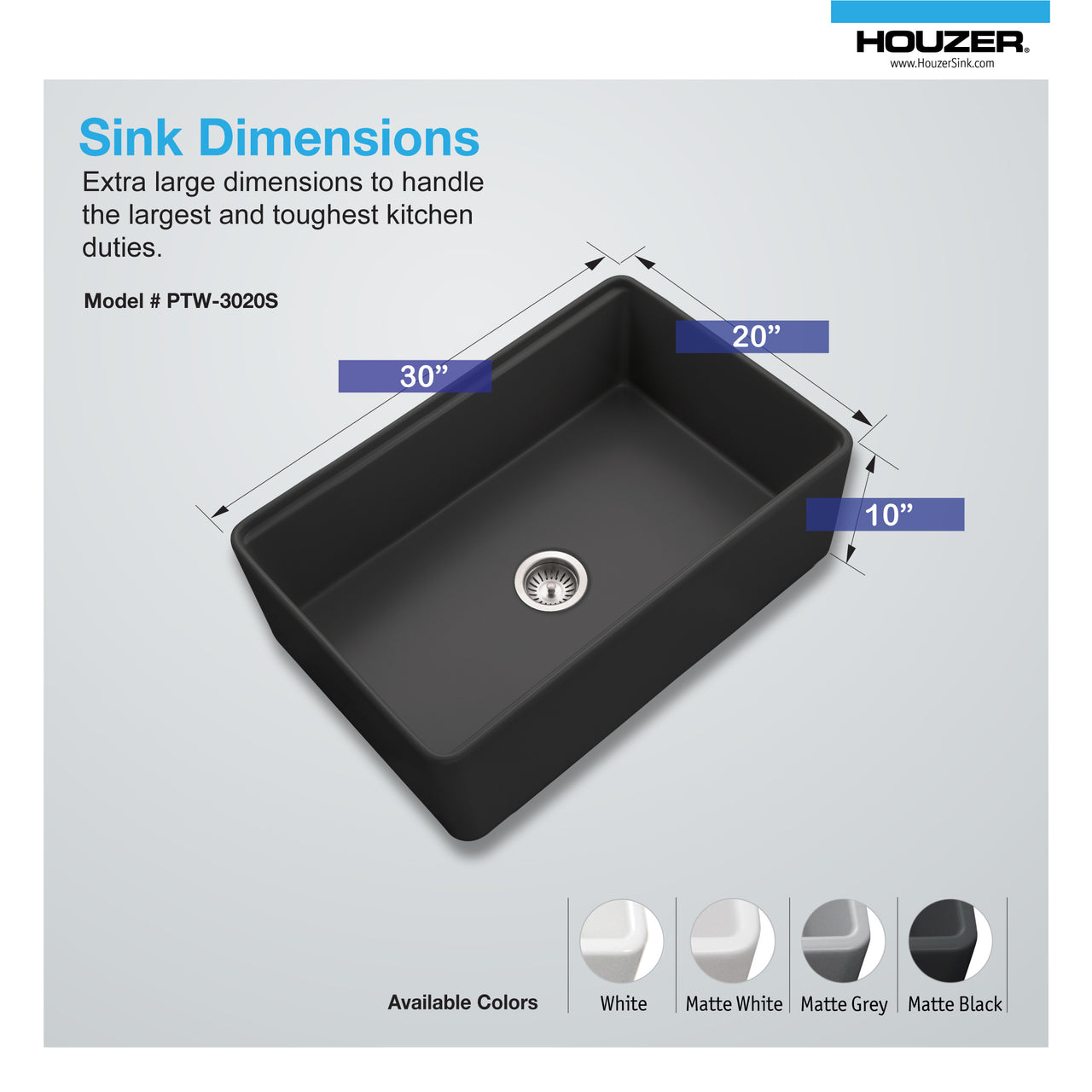 Houzer Aspire 30 inch Fireclay Farmhouse Apron Front Single Bowl Workstation Sink with Accessories