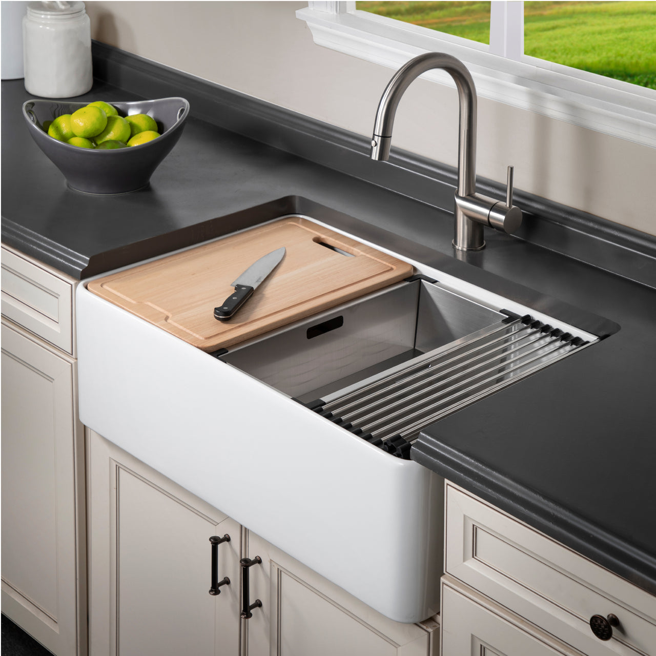 Houzer Aspire 30 inch Fireclay Farmhouse Apron Front Single Bowl Workstation Sink with Accessories