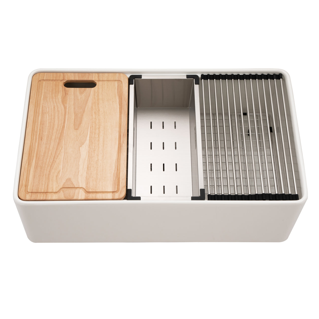 Houzer Aspire 33 inch Fireclay Farmhouse Apron Front Single Bowl Workstation with Accessories