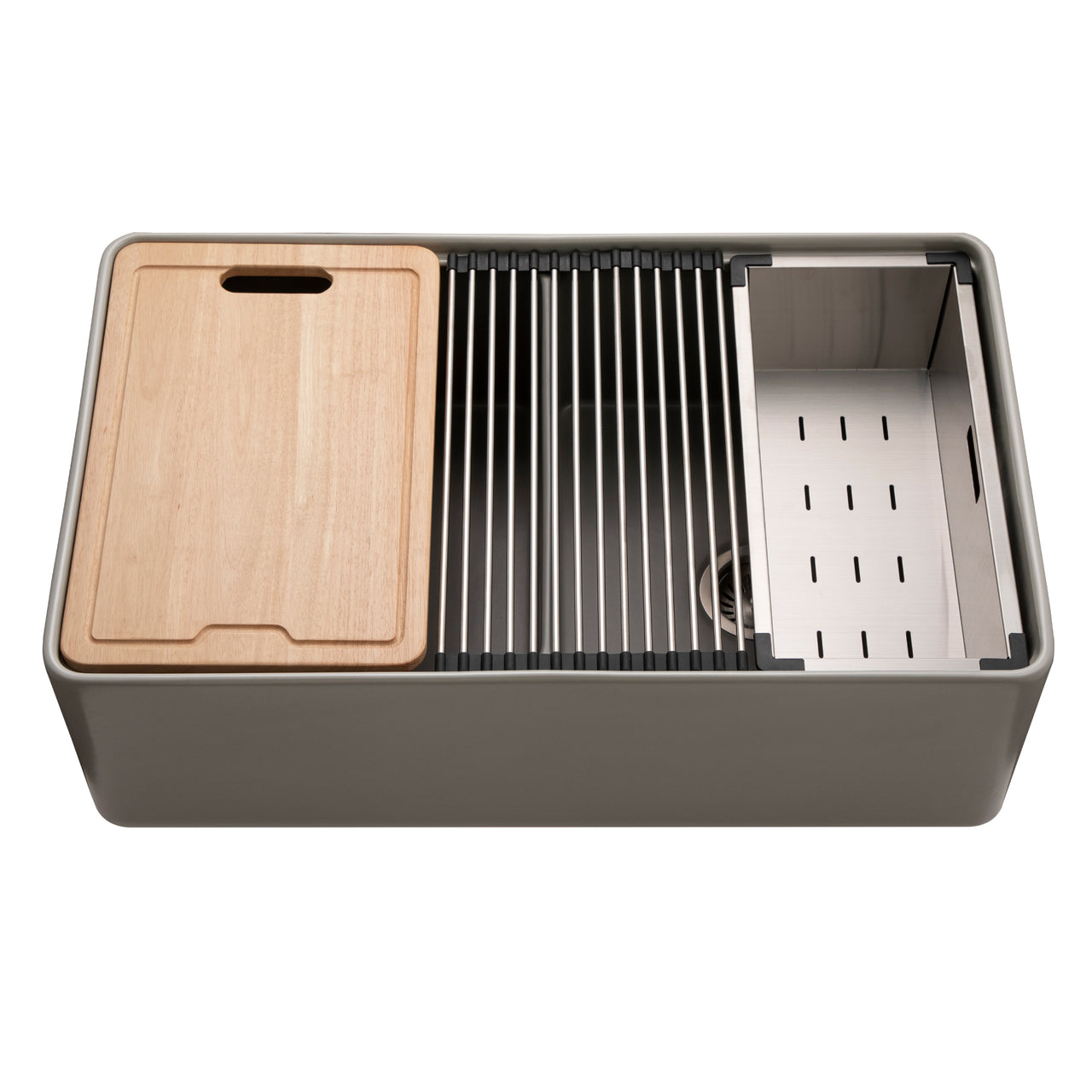 Houzer Aspire 33 inch Fireclay Farmhouse Apron Front 50/50 Double Bowl Workstation Sink with Accessories