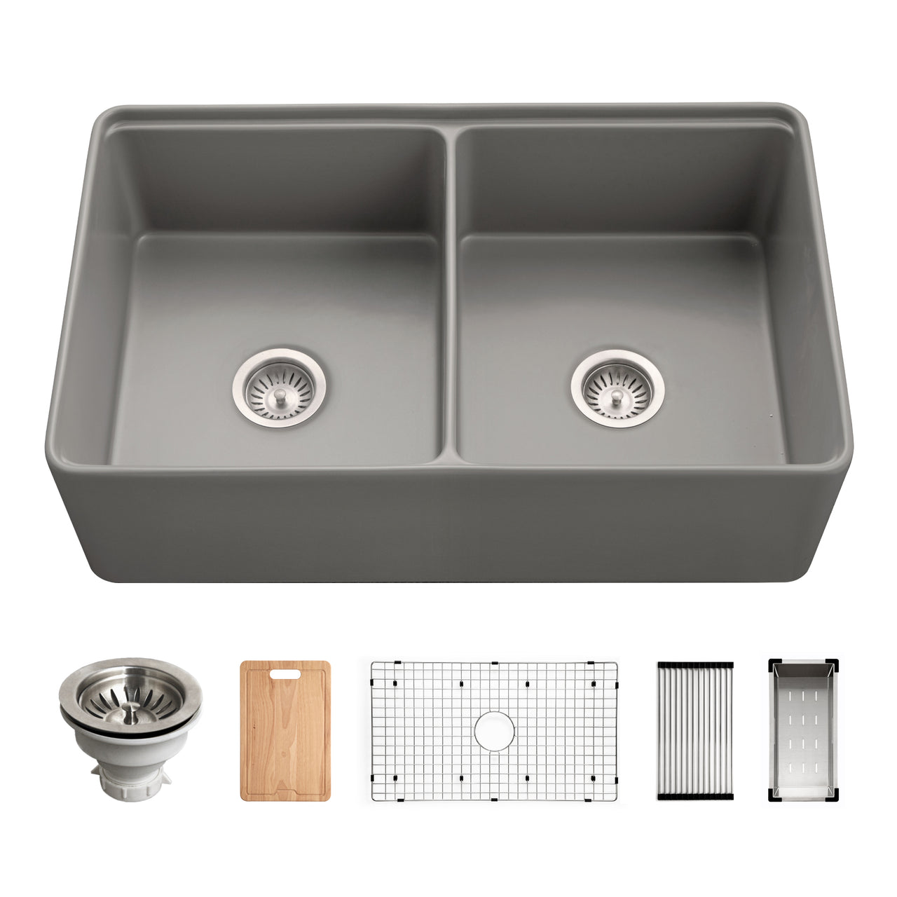 Houzer Aspire 33 inch Fireclay Farmhouse Apron Front 50/50 Double Bowl Workstation Sink with Accessories
