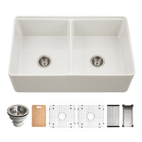Thumbnail for Houzer Aspire 33 inch Fireclay Farmhouse Apron Front 50/50 Double Bowl Workstation Sink with Accessories