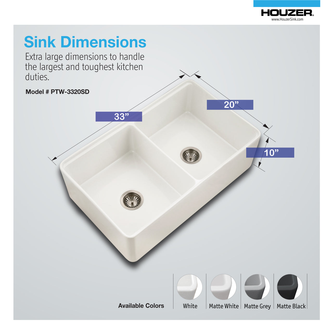 Houzer Aspire 33 inch Fireclay Farmhouse Apron Front 50/50 Double Bowl Workstation Sink with Accessories