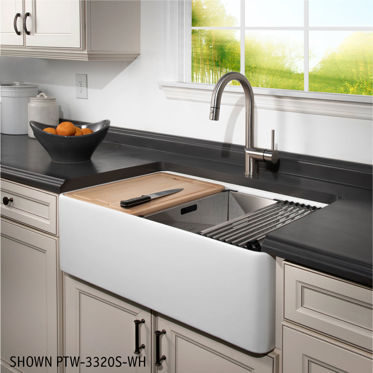Houzer Aspire 33 inch Fireclay Farmhouse Apron Front 50/50 Double Bowl Workstation Sink with Accessories