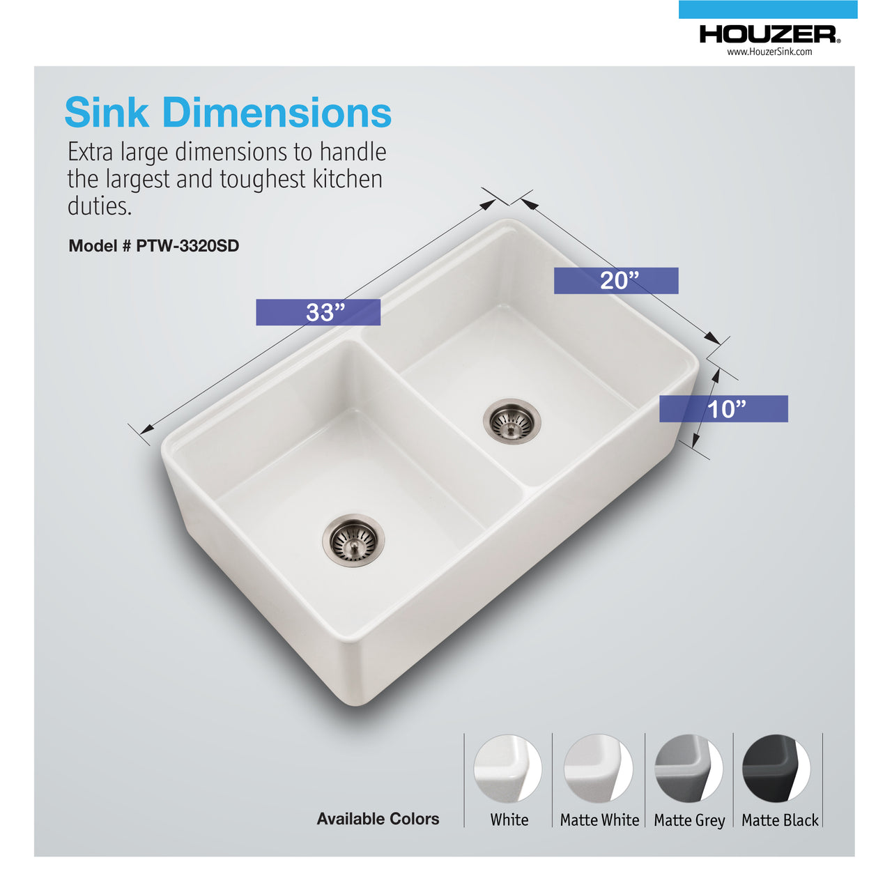 Houzer Aspire 33 inch Fireclay Farmhouse Apron Front 50/50 Double Bowl Workstation Sink with Accessories