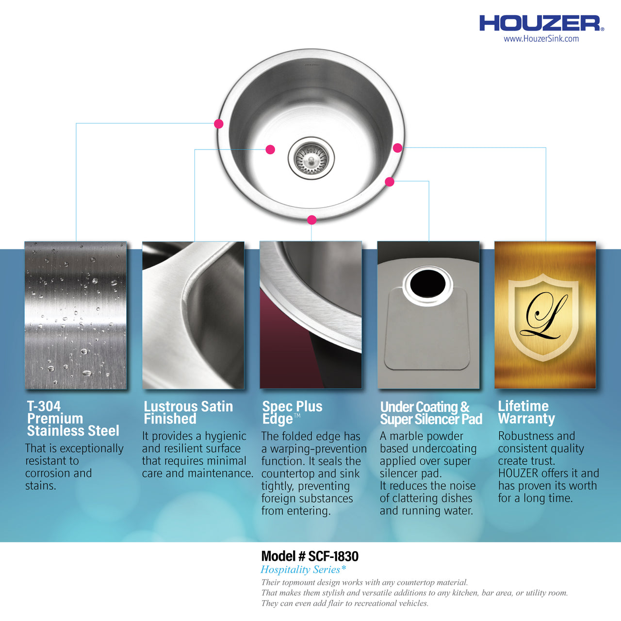 Houzer Hospitality 18 inch Stainless Steel Drop-in Topmount Round Bar and Prep Sink