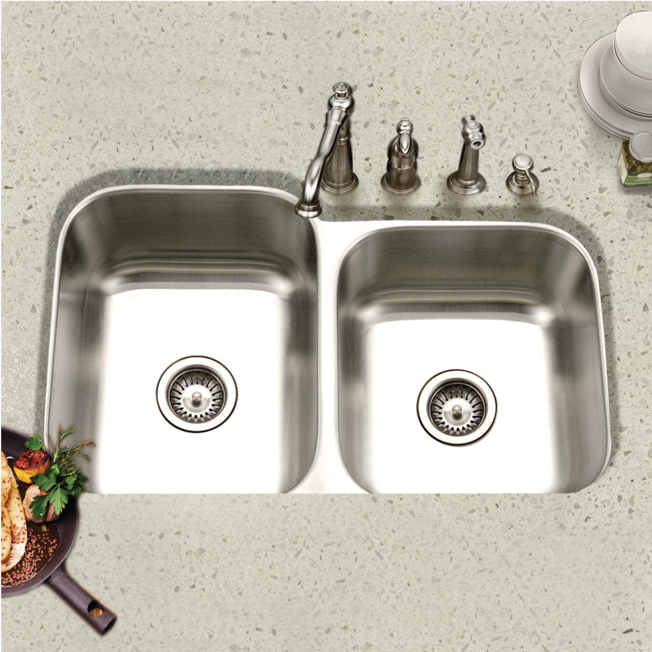 Houzer Eston Stainless Steel Undermount Double Small Bowl Offset Kitchen Sink, Nested 20-Pack