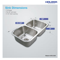 Thumbnail for Houzer Eston 31 inch Stainless Steel Undermount 50/50 Double Bowl Kitchen Sink with Strainer & Bottom Grid