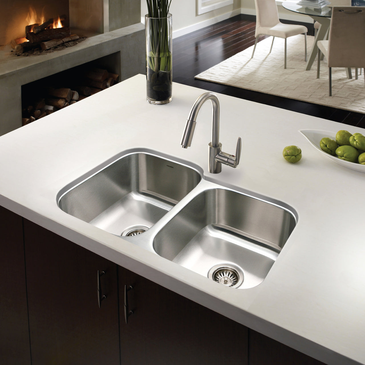 Houzer Eston Stainless Steel Undermount Double Small Bowl Offset Kitchen Sink, Nested 20-Pack