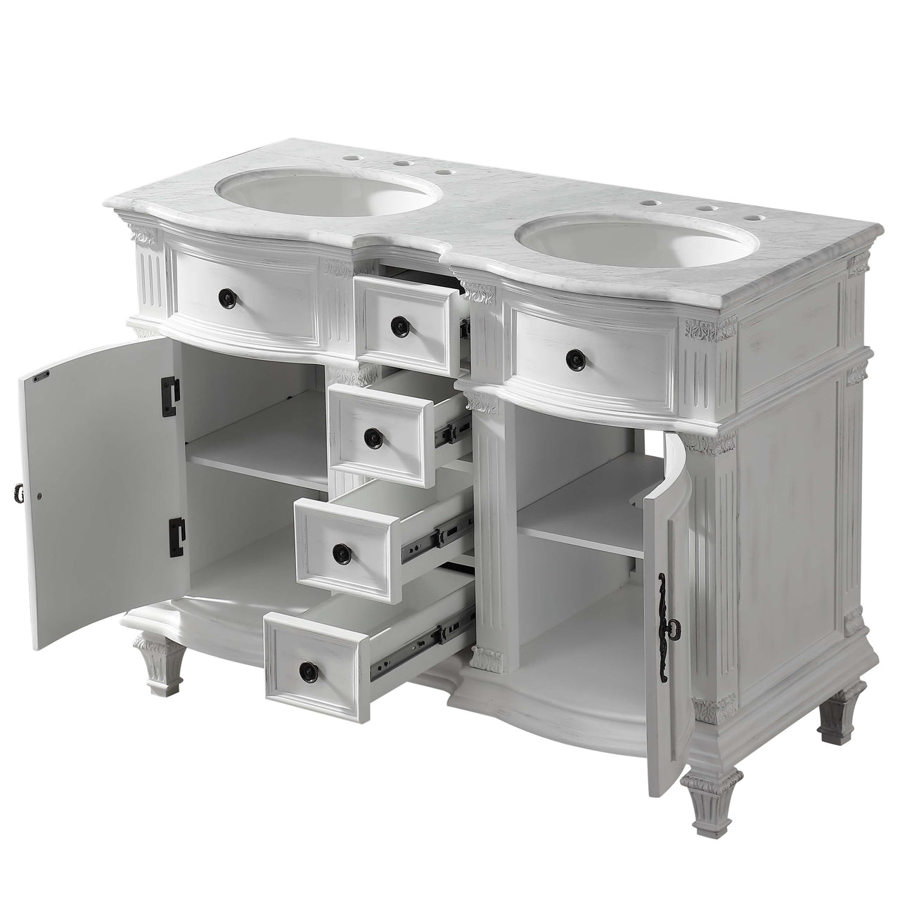 SilkRoad 48" Double Sink Cabinet - Carrara White Top, Undermount White Ceramic Sinks (3-hole)