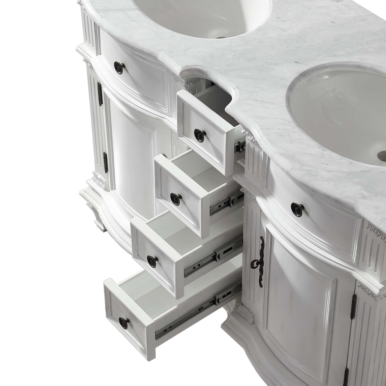 SilkRoad 48" Double Sink Cabinet - Carrara White Top, Undermount White Ceramic Sinks (3-hole)