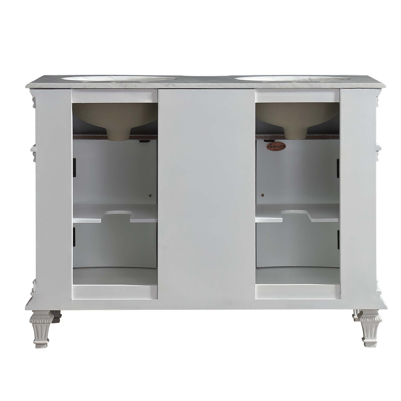 SilkRoad 48" Double Sink Cabinet - Carrara White Top, Undermount White Ceramic Sinks (3-hole)