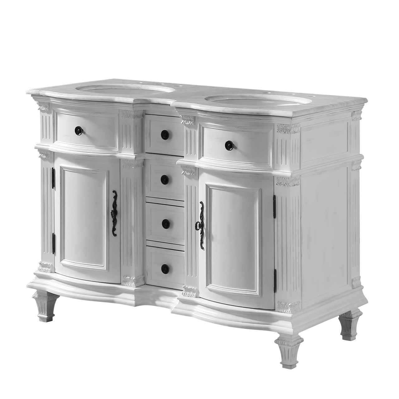 SilkRoad 48" Double Sink Cabinet - Carrara White Top, Undermount White Ceramic Sinks (3-hole)