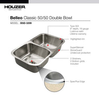 Thumbnail for Houzer Belleo 32 inch Stainless Steel Drop-in Topmount 50/50 Double Bowl Kitchen Sink with Strainers & Grids