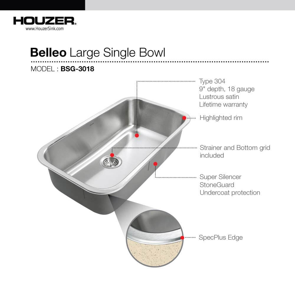 Houzer Belleo 32 inch Stainless Steel Drop-in Topmount Single Bowl Kitchen Sink with Strainer & Grid