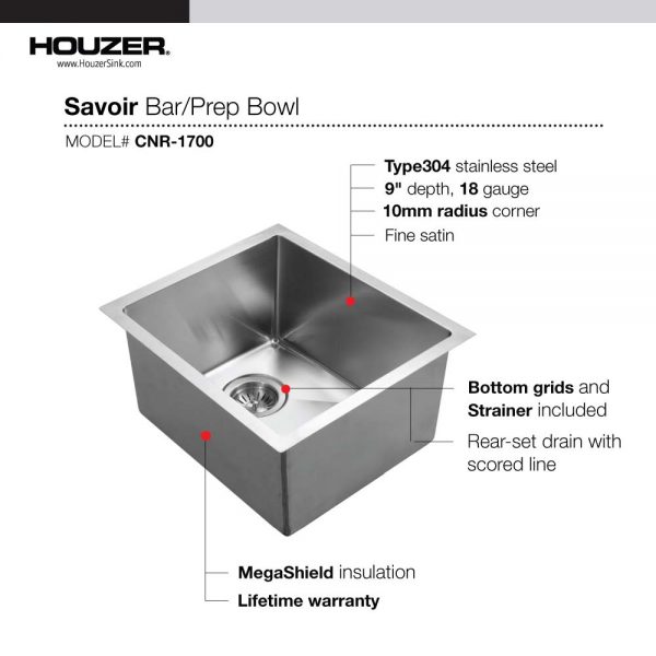 Houzer Savoir Stainless Steel Undermount Bowl Bar/Prep Kitchen Sink with Strainer &amp; Grid